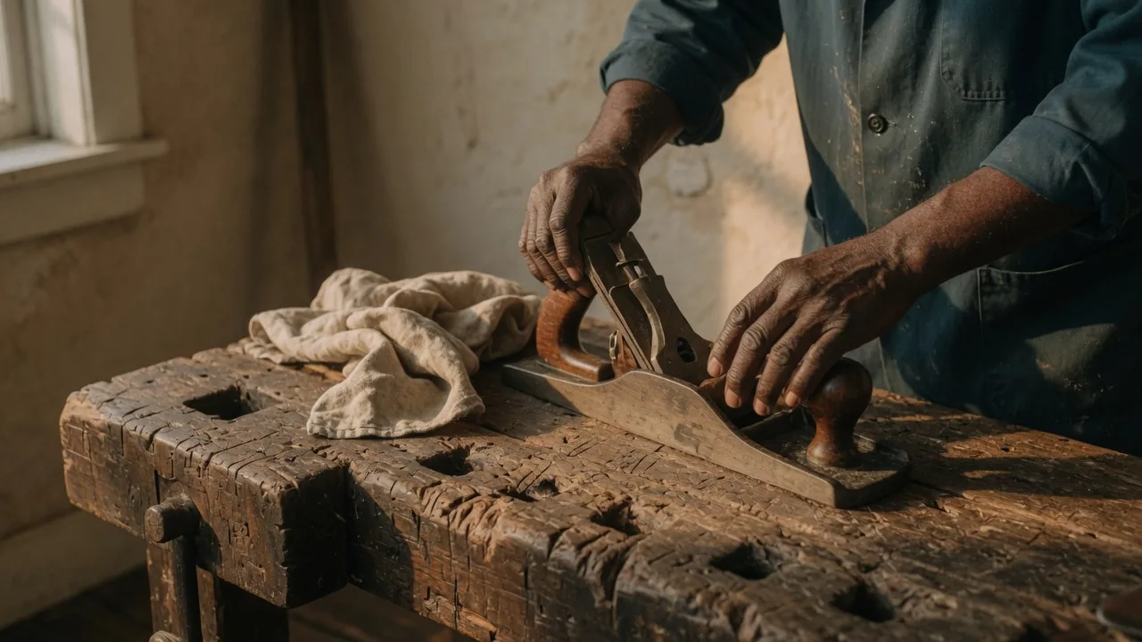 Carpenter’s hands setting a plane on a scarred oak bench, navy-teal smock sleeves