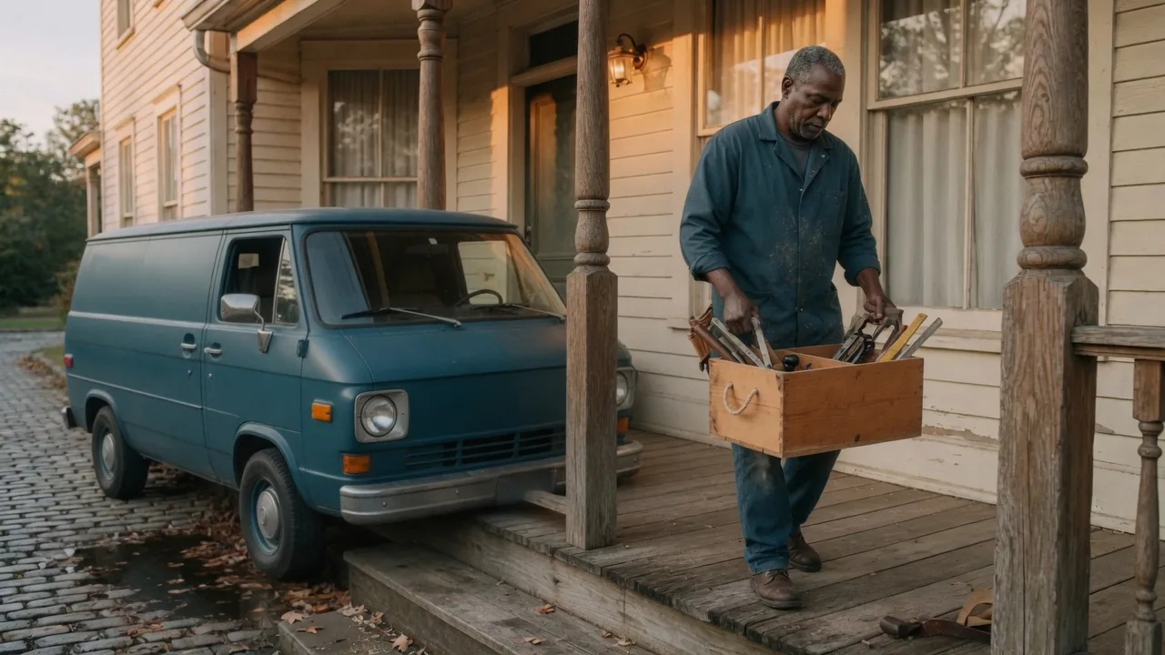 Carpenter carrying a tool tote toward a navy-teal work van at a cream porch