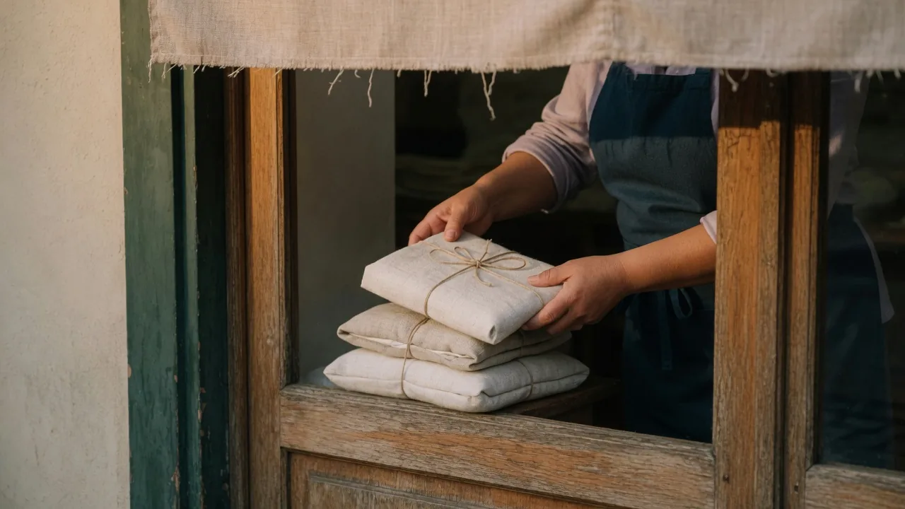 Hands placing a linen-wrapped parcel in an oak shop doorway, navy-teal apron